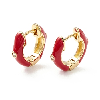 Clear Cubic Zirconia Chunky Hinged Hoop Earrings with Enamel, Brass Jewelry for Women, Cadmium Free & Nickel Free & Lead Free, Real 18K Gold Plated, Red, 16x4mm, Pin: 1mm