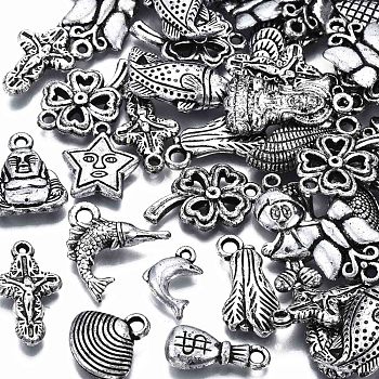 CCB Plastic Beads, for DIY Jewelry Making, Girl & Owl & Clover & Cross & Moneybag & Shell & Fish & Butterfly, Antique Silver, 7~29x11~18x2~7mm, Hole: 1.4~3mm