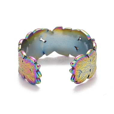 Rainbow Color Ion Plating(IP) 304 Stainless Steel Leaf Open Cuff Ring for Women(RJEW-A005-16)-3