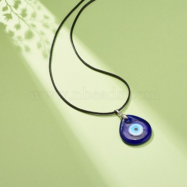 Blue Lampwork Evil Eye Pendant Necklace with Waxed Cord for Women(NJEW-JN03955-01)-2