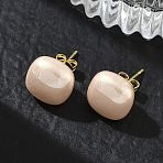 Brass & ABS Plastic Imitation Pearl Stud Earrings for Women, Square, Long-Lasting Plated, Rack Plating, Lead Free & Cadmium Free, Golden, PeachPuff, 12x12mm(PL-CBA760A-03A-G01)