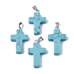 Synthetic Turquoise Pendants, Dyed, with Brass Pinch Bails, Platinum Plated, Cross, 26~30.5x15.5~19.5x4~6mm, Hole: 3x6mm(G-J354-06A)