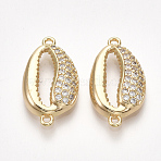 Brass Cubic Zirconia Links, Cowrie Shell Shape, Nickel Free, Real 18K Gold Plated, Clear, 21x11x3.5mm, Hole: 1.2mm(KK-S350-378)