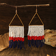 Bohemian Style Triangle Metal Glass Seed Bead Tassel Dangle Earrings for Women, White, 100x40mm(WC2298-3)