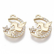 Brass Micro Pave Cubic Zirconia Charms, Nickel Free, Moon with Unicorn, Clear, Real 18K Gold Plated, 13.5x12x2mm, Hole: 1.2mm(KK-S348-490-NF)