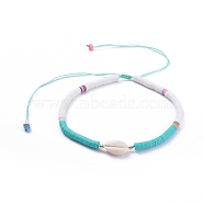 Handmade Polymer Clay Heishi Beads Braided Beaded Necklaces, with Natural Cowrie Shell Beads, Brass Beads and Nylon Thread, Dark Turquoise, 13.38 inch~25.98 inch(34~66cm), 7mm(NJEW-JN02724-03)