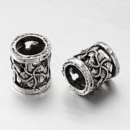 Hollow Column with Flower Tibetan Style Alloy Beads, Antique Silver, 10x9mm, Hole: 6.5mm(TIBEB-E075-07AS)