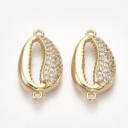 Brass Cubic Zirconia Links, Cowrie Shell Shape, Nickel Free, Real 18K Gold Plated, Clear, 21x11x3.5mm, Hole: 1.2mm(KK-S350-378)