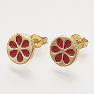 Brass Stud Earrings, with Enamel and Ear Nuts, Flat Round with Flower, Golden, Red, 9.5mm, Pin: 0.7mm(EJEW-S201-174B)