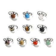 Natural & Synthetic Mixed Gemstone Tortoise Open Cuff Ring, Platinum Brass Ring, US Size 8 1/2(18.5mm)(RJEW-G290-01P)