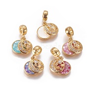 Brass Micro Pave Cubic Zirconia European Dangle Charms, Large Hole Beads, with Enamel and Shell Chips, Flat Round, Golden, Mixed Color, 23mm, Hole: 4mm(KK-F790-09G)