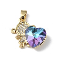 Real 18K Gold Plated Rack Plating Brass Micro Pave Clear Cubic Zirconia Pendants, with Glass, Long-Lasting Plated, Cadmium Free & Lead Free, Girl with Heart Charm, Medium Purple, 20.8x17x8mm, Hole: 6x3mm(KK-C015-23G-14)
