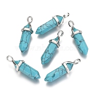 Bullet Dyed Synthetic Turquoise Pointed Pendants, with Platinum Tone Random Alloy Pendant Hexagon Bead Cap Bails, 36~40x12mm, Hole: 3x4mm, Gemstone: 8mm in diameter(X-G-F295-03A)