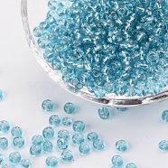 6/0 Glass Seed Beads, Silver Lined Round Hole, Round, Pale Turquoise, 6/0, 4mm, Hole: 1.5mm, about 450pcs/50g, 50g/bag, 18bags/2pound(SEED-US0003-4mm-23)