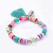 Stretch Charm Bracelets, with Polymer Clay Heishi Beads, Cotton Thread Tassels, Cowrie Shell Beads, Heart Glass Beads and Brass Round Beads, Green, 2-1/8 inch(5.4cm)(X-BJEW-JB05085-05)