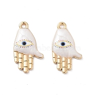 Rack Plating Alloy Enamel Pendants, with Resin, Evil Eye Charm, Cadmium Free & Nickel Free & Lead Free, Golden, Palm, 24x13x2.5mm, Hole: 1.8mm(FIND-C050-07A-G)