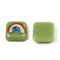 Opaque Resin Enamel Cabochons, Square with Colorful Rainbow, Olive, 15x15x5mm(CRES-N031-033)