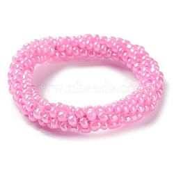 Crochet Glass Beads Braided Stretch Bracelet, Nepel Boho Style Bracelet, Hot Pink, Inner Diameter: 1-3/4 inch(4.5cm)(BJEW-K232-01R)