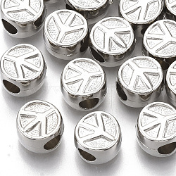 Plating ABS Plastic European Beads, Large Hole Beads, Flat Round with Peace Sign, Platinum, 10x7mm, Hole: 4mm(KY-T019-26)