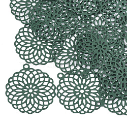 430 Stainless Steel Filigree Pendants, Spray Painted, Etched Metal Embellishments, Flower, Green, 30x27x0.3mm, Hole: 1.8mm(STAS-T042-02B)
