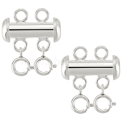 925 Sterling Silver Slide Lock Clasps, 2-Strand, 4-Hole, with Double Spring Ring Clasps, Silver, 17x19.5mm, 2pcs/set(FIND-AB00049)