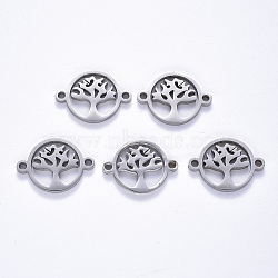 Tarnish Resistant 201 Stainless Steel Links Connectors, Laser Cut, Flat Round with Tree, Stainless Steel Color, 14x19x1.5mm, Hole: 1.6mm(STAS-S114-24)