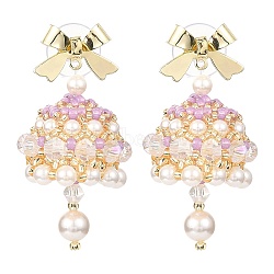 Naturla Shell Pearl Bell with Alloy Bowknot Dangle Stud Earrings, Christmas Earrings with 925 Sterling Silver Pins, Pink, 42x22mm(EJEW-MZ00089)