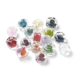 Handmade Lampwork Beads, Flat Round with Flower, Inner Flower, Mixed Color, 11~12x8mm, Hole: 3mm(LAMP-P068-01)