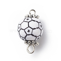 Acrylic Basketball Connector Charms, with Antique Silver Tone Space Beads, Round Ball, White, Football Pattern, 20x11.5~12mm, Hole: 1.6mm & 2.5mm(PALLOY-JF01869-04)