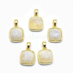 Natural Rainbow Moonstone Pendants, with Golden Tone Brass Findings, Square, Faceted, 13x11x5mm, Hole: 3.5x5.5mm(G-O176K-08G)