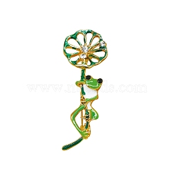 Frog with Lotus Leaf Alloy Enamel Pins with Crystal Rhinestone, for Clothes Backpack, Green, 50x18mm(PW-WGDB96E-01)