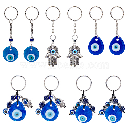 10Pcs 5 Style Evil Eye Lampwork Keychain, with Platinum Plated Iron Split Key Rings, with Natural Gemstone Beads, Blue, 7.6~10.1cm, 2pcs/style(KEYC-NB0001-18)