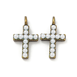 Rack Plating Brass Pendants, with ABS Imitation Pearl Beads, Long-Lasting Plated, Cadmium Free & Lead Free, Cross, Antique Bronze, 16x9x3.5mm, Hole: 1.6mm(KK-P277-07AB)