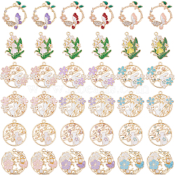36Pcs 18 Styles Rack Plating Alloy Enamel Pendants, with ABS Imitation Pearl, Golden, Mixed Shapes, Mixed Color, 28~31x21~30x1.5~5mm, Hole: 1.4~2mm, 2pcs/style(FIND-SC0012-30)