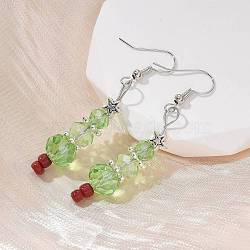 Christmas Glass Beads Dangle Earrings, with Tibetan Style Star Findings, Glass Seed Beads and Brass Earring Hooks, Light Green, 53mm, Pin: 0.6mm(EJEW-JE01624)