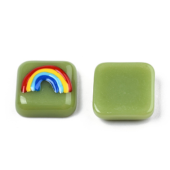 Opaque Resin Enamel Cabochons, Square with Colorful Rainbow, Olive, 15x15x5mm