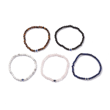 Natural Mixed Gemstone Beaded Bracelets, with Evil Eye Resin Beads, Inner Diameter: 2-3/8 inch(6.1cm)