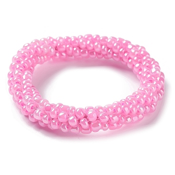 Crochet Glass Beads Braided Stretch Bracelet, Nepel Boho Style Bracelet, Hot Pink, Inner Diameter: 1-3/4 inch(4.5cm)