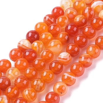 Natural Striped Agate/Banded Agate Beads Strands, Dyed & Heated, Round, Coral, 8mm, Hole: 1.2mm, about 47pcs/strand, 14.96 inch(38cm)