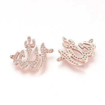 DIY Brass Micro Pave Cubic Zirconia Links, Allah, Rose Gold, 20x21x1.5mm, Hole: 1mm