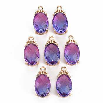 Rack Plating Brass Micro Pave Clear Cubic Zirconia Pendants, with Faceted Glass, Long-Lasting Plated, Cadmium Free & Lead Free, Oval, Violet, 20x10x7.5mm, Hole: 1.5mm