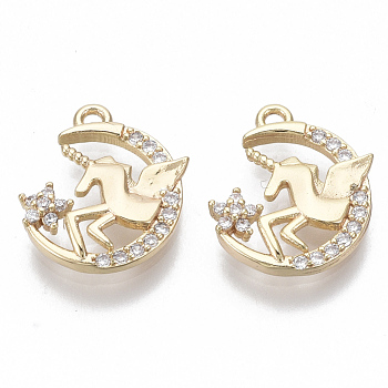 Brass Micro Pave Cubic Zirconia Charms, Nickel Free, Moon with Unicorn, Clear, Real 18K Gold Plated, 13.5x12x2mm, Hole: 1.2mm