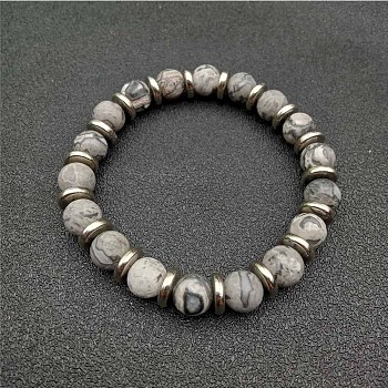 Round Natural Map Stone Beaded Stretch Bracelets for Women Men