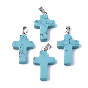 Synthetic Turquoise Pendants, Dyed, with Brass Pinch Bails, Platinum Plated, Cross, 26~30.5x15.5~19.5x4~6mm, Hole: 3x6mm