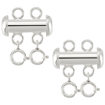 925 Sterling Silver Slide Lock Clasps, 2-Strand, 4-Hole, with Double Spring Ring Clasps, Silver, 17x19.5mm, 2pcs/set