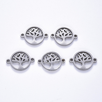 201 Stainless Steel Links Connectors, Laser Cut, Flat Round with Tree, Stainless Steel Color, 14x19x1.5mm, Hole: 1.6mm