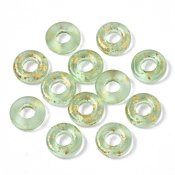 Transparent Spray Painted Glass European Beads, Large Hole Beads
, with Golden Foil, Donut, Pale Green, 11x3mm, Hole: 4mm