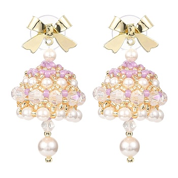 Naturla Shell Pearl Bell with Alloy Bowknot Dangle Stud Earrings, Christmas Earrings with 925 Sterling Silver Pins, Pink, 42x22mm