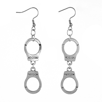 Dangle Earrings, 304 Stainless Steel Earring Hooks, Handcuffs Shape with Word Freedom, Antique Silver & Stainless Steel Color, 73mm