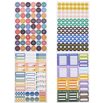12 Sheets 4 Styles Paper Planner Stickers, Self Adhesive Decals for Office & School Plans and Calendar, Work, Daily to Do, Budget, Family, Holidays, Journaling, Mixed Shapes, 180x120x0.2mm, Sticker: 5~32x5~38mm, 3 sheets/style